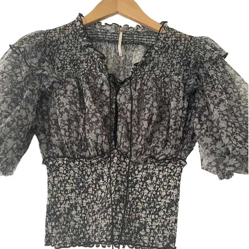 Free People Beatrice Tie Front Smocked Puff Sleeve Boho Top